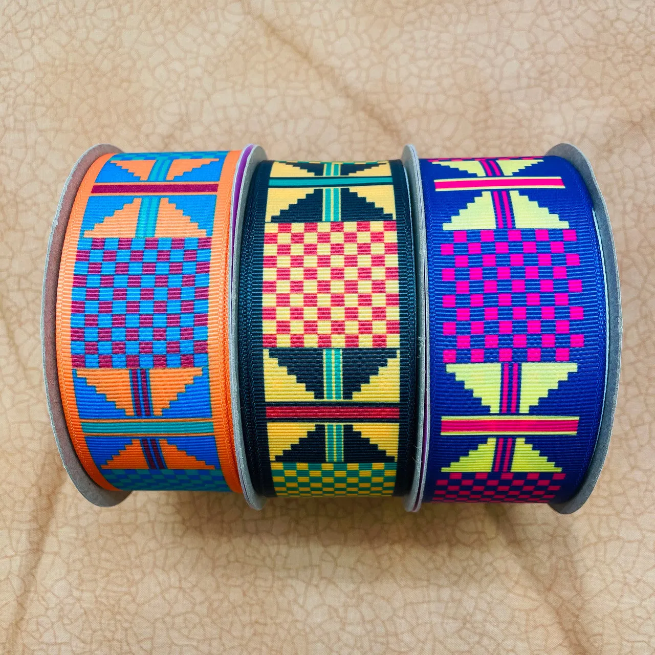 Ankara Kente African design ribbon orange, turquoise, red and blue  printed on 1.5" white grosgrain ribbon