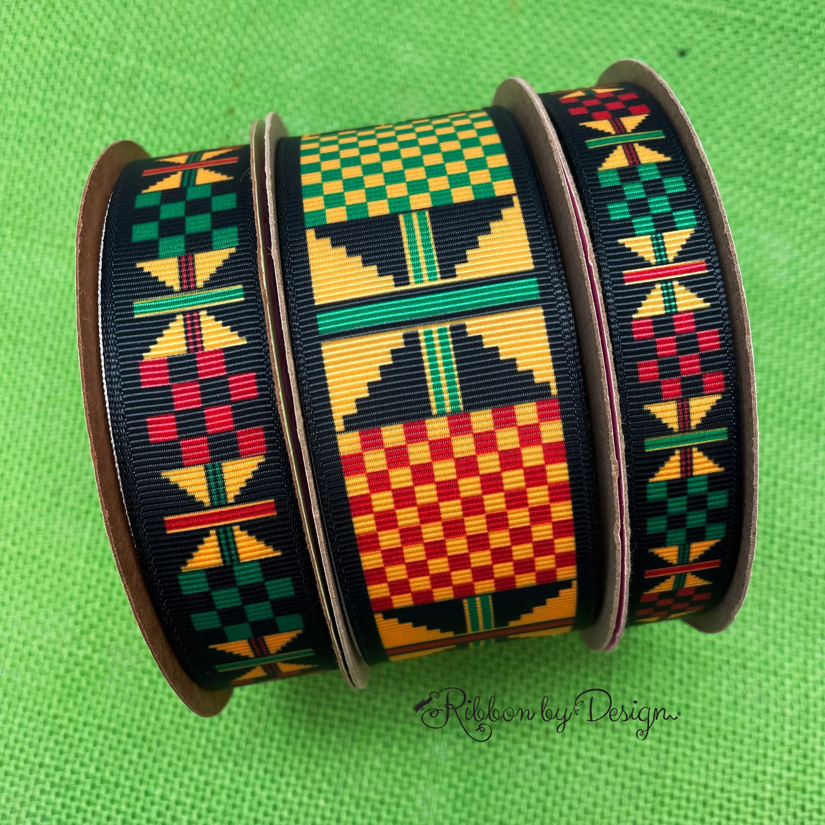 Ankara Kente ribbon African design yellow, green, black printed on 5/8",  7/8"and 1.5" white grosgrain ribbon