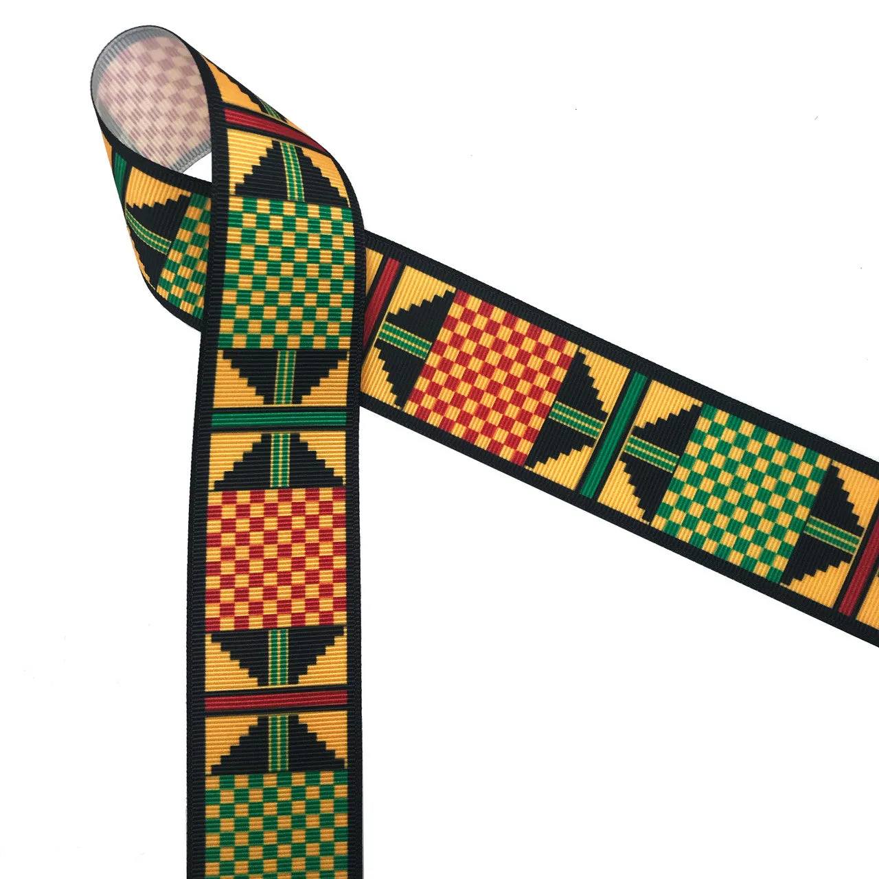 Ankara Kente ribbon African design yellow, green, black printed on 5/8",  7/8"and 1.5" white grosgrain ribbon