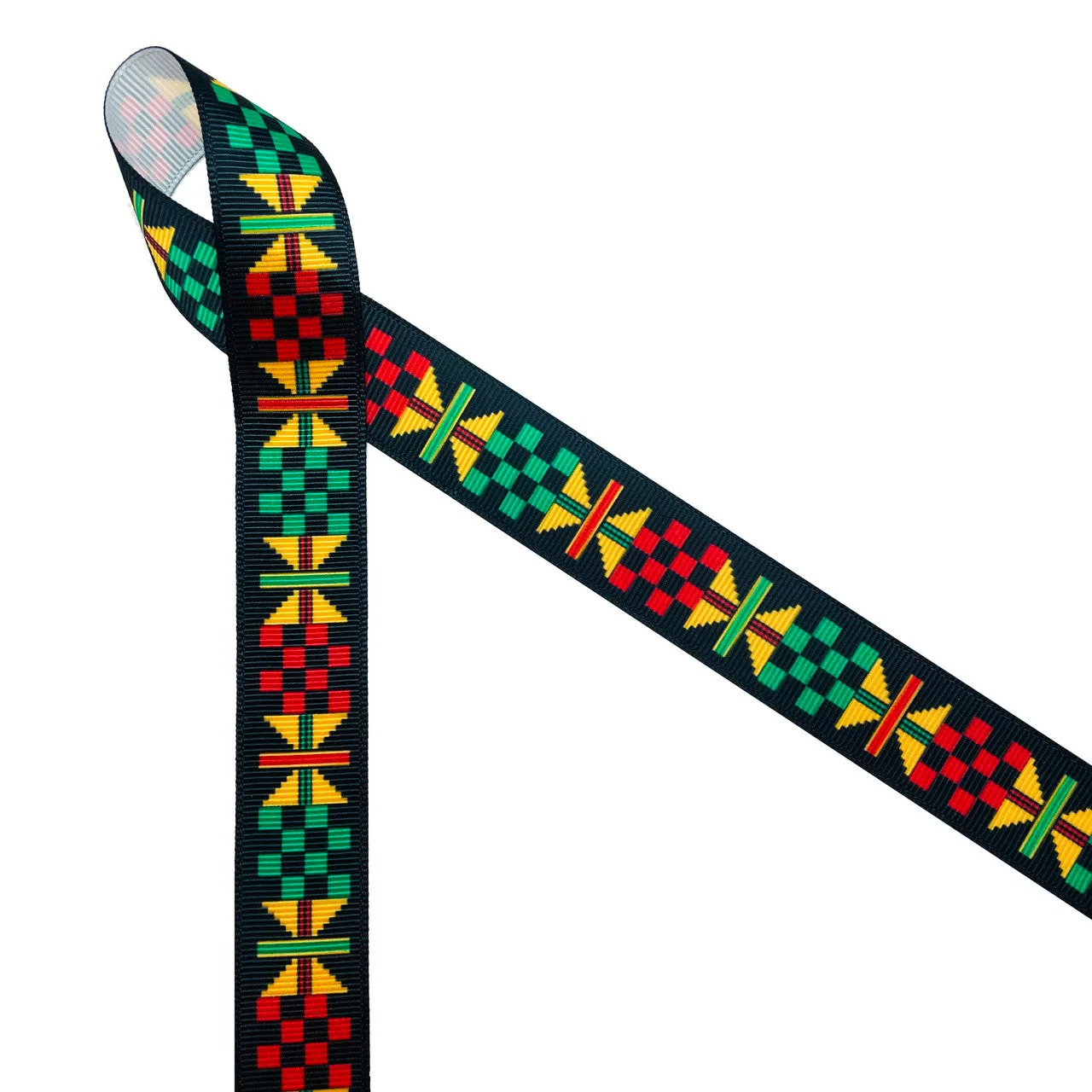 Ankara Kente ribbon African design yellow, green, black printed on 5/8",  7/8"and 1.5" white grosgrain ribbon