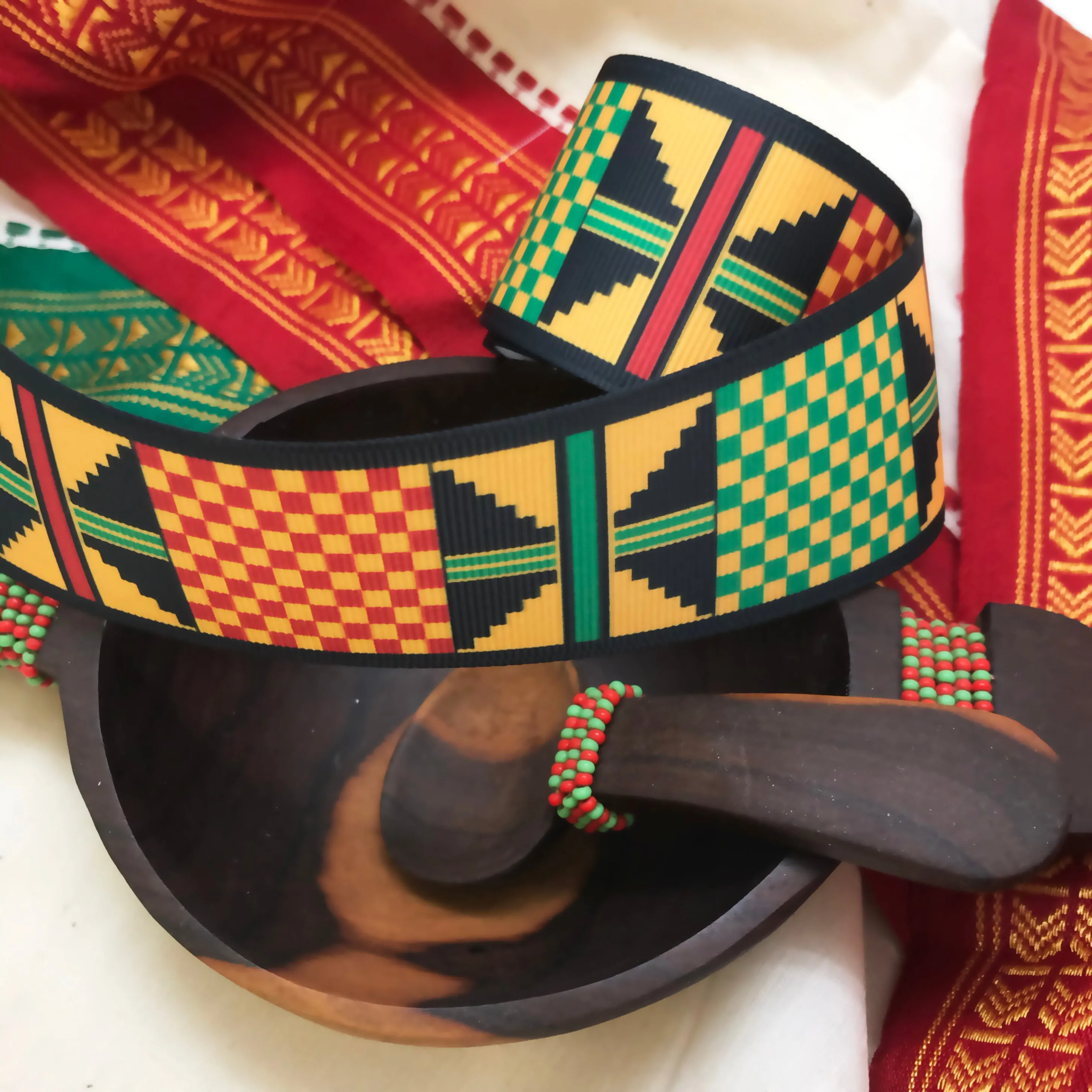 Ankara Kente ribbon African design yellow, green, black printed on 5/8",  7/8"and 1.5" white grosgrain ribbon