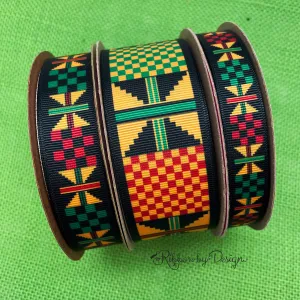 Ankara Kente ribbon African design yellow, green, black printed on 5/8",  7/8"and 1.5" white grosgrain ribbon