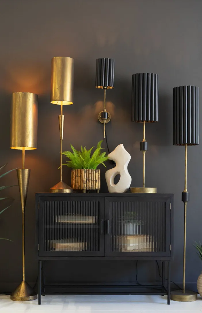 Antique Gold Wall Lamp with Fluted Black Metal Shade