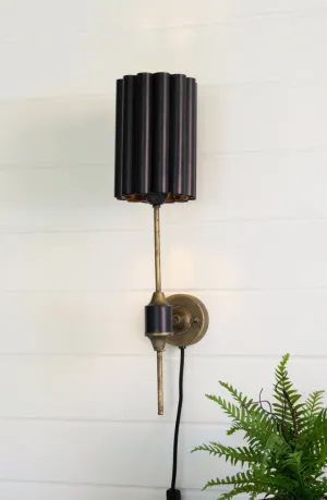Antique Gold Wall Lamp with Fluted Black Metal Shade