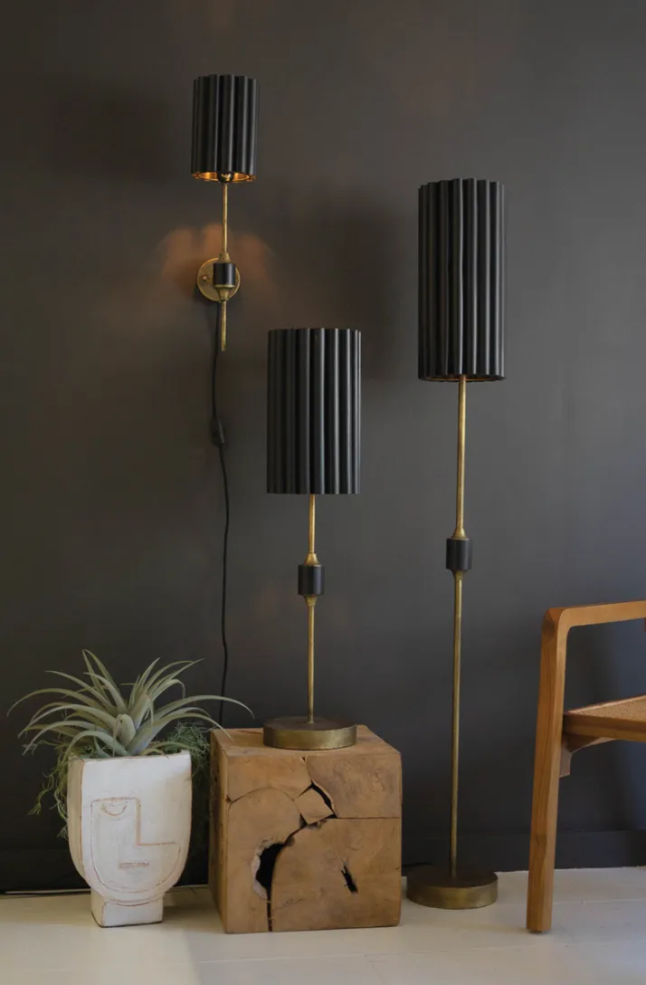 Antique Gold Wall Lamp with Fluted Black Metal Shade