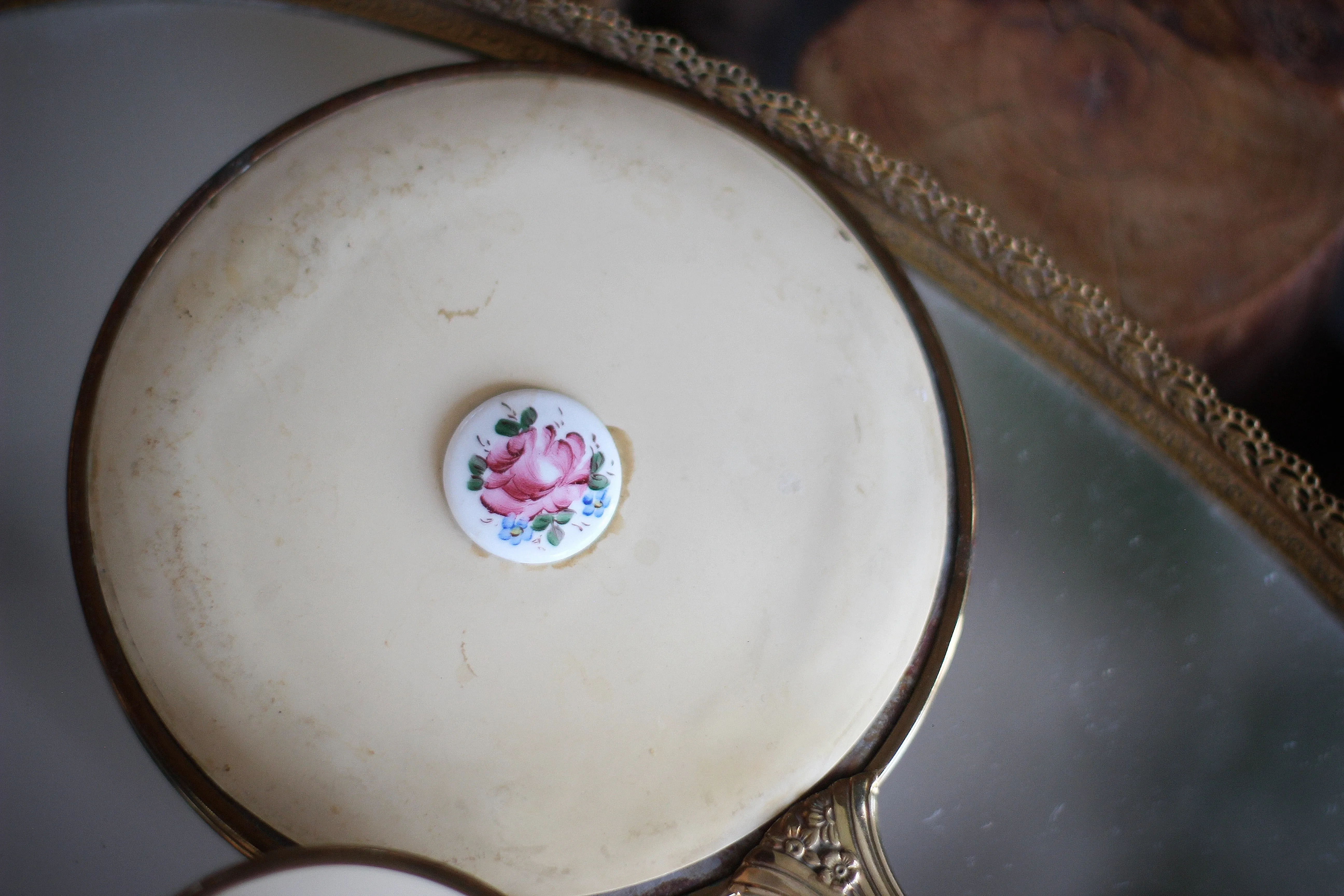 Antique Guilloche Bronze Roses Vanity Set