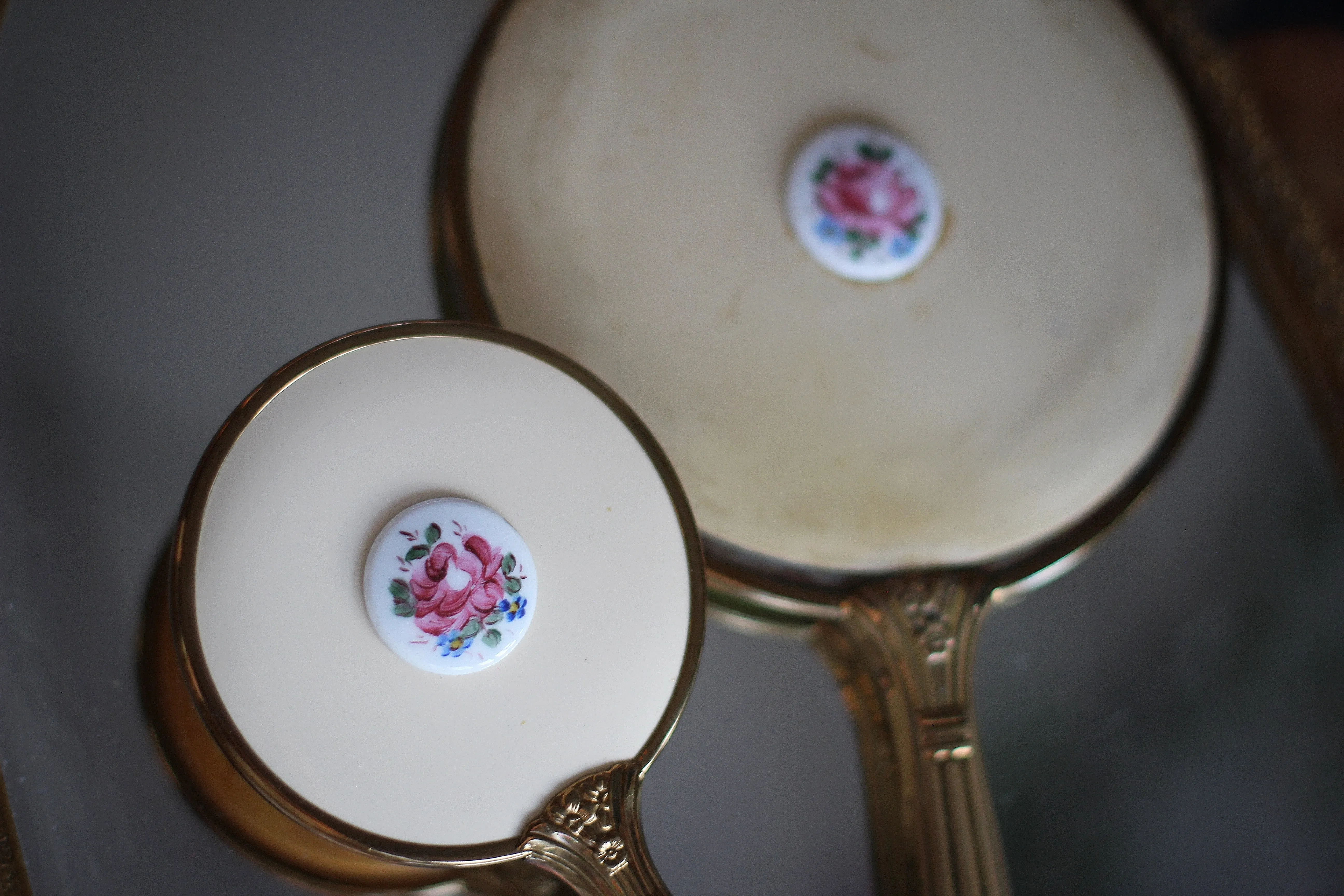 Antique Guilloche Bronze Roses Vanity Set