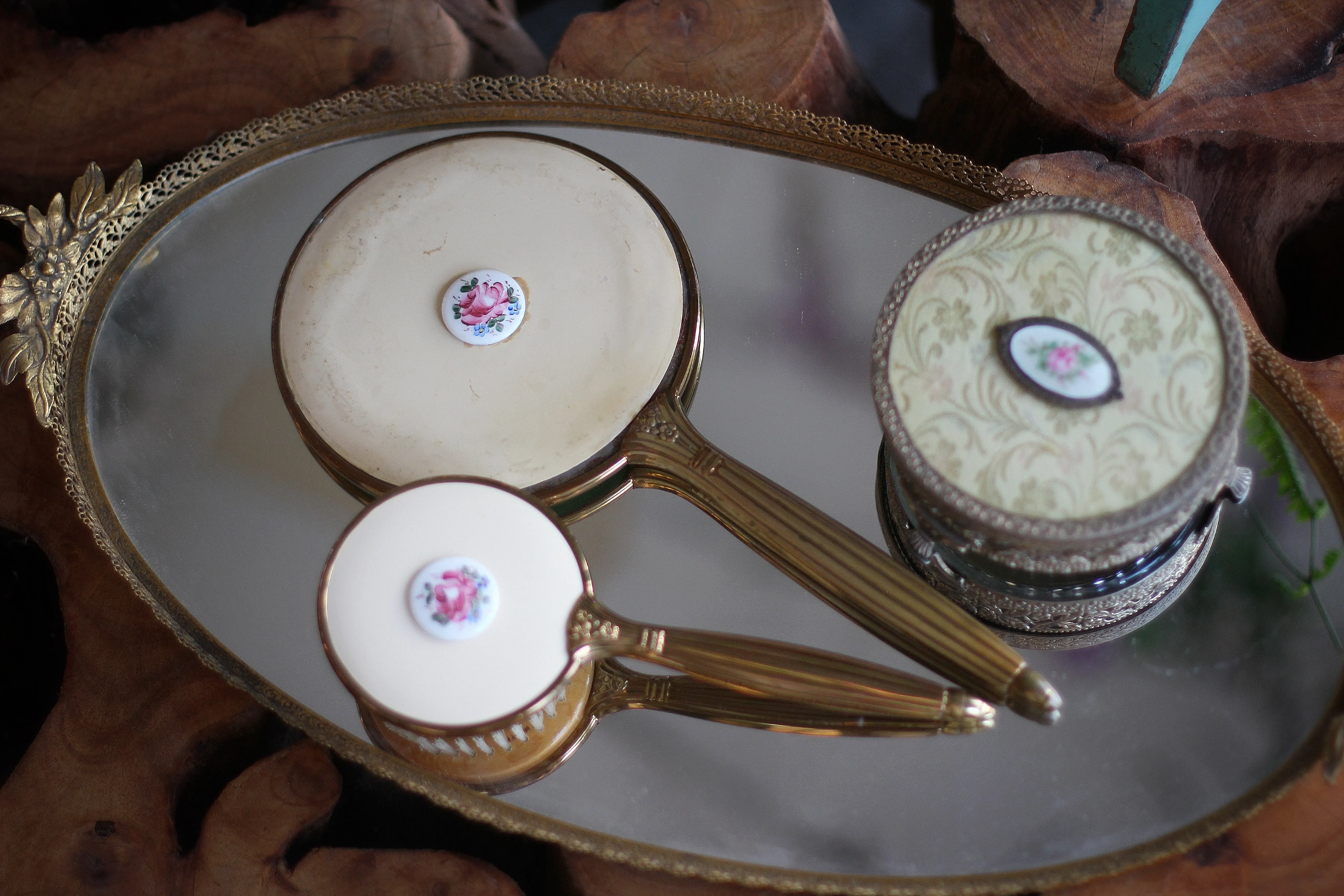 Antique Guilloche Bronze Roses Vanity Set