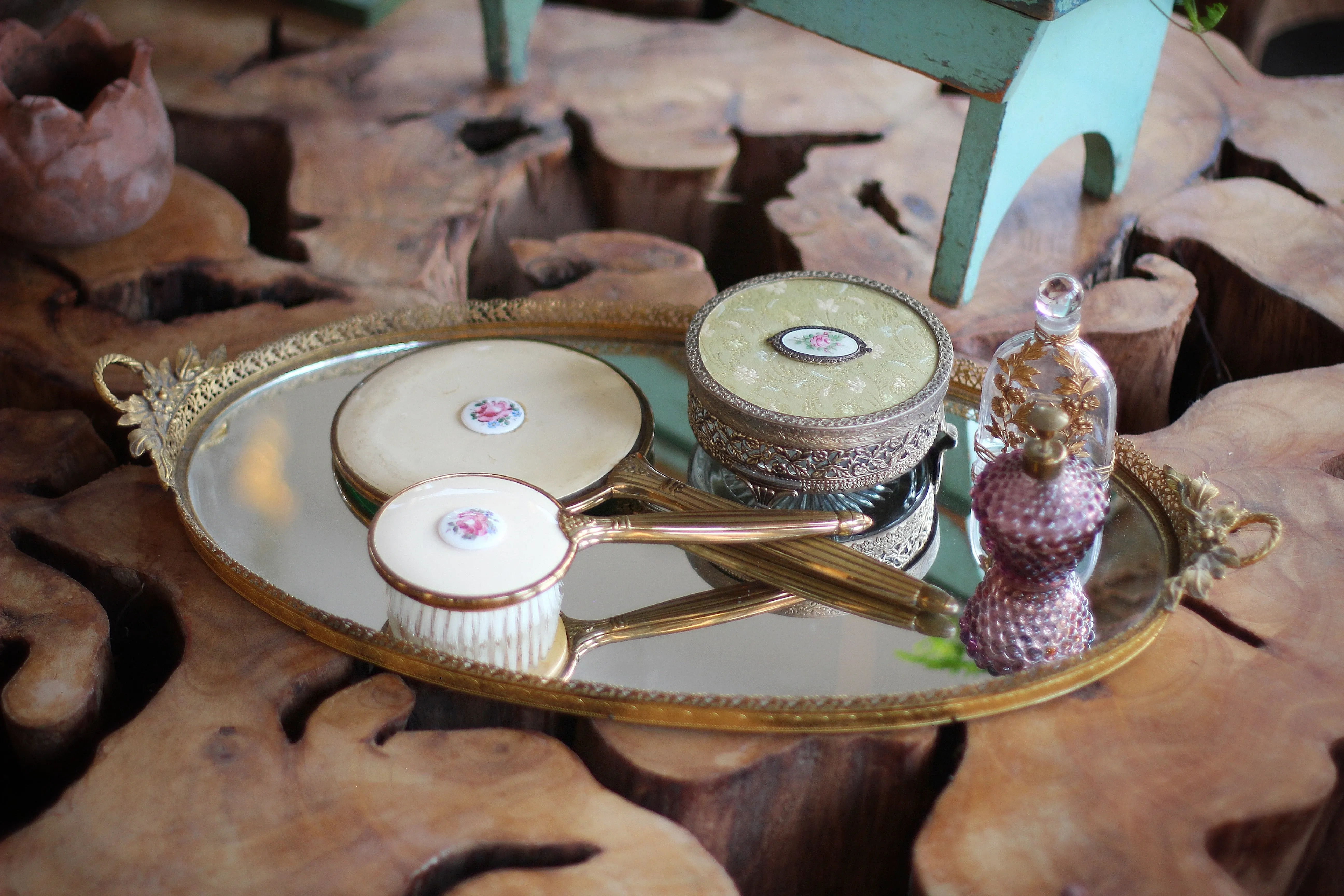 Antique Guilloche Bronze Roses Vanity Set