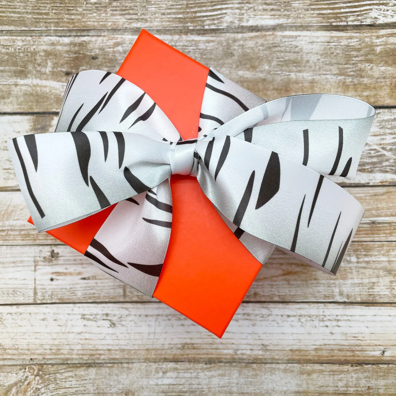 Birch bark ribbon in white and black  printed on 1.5" white satin