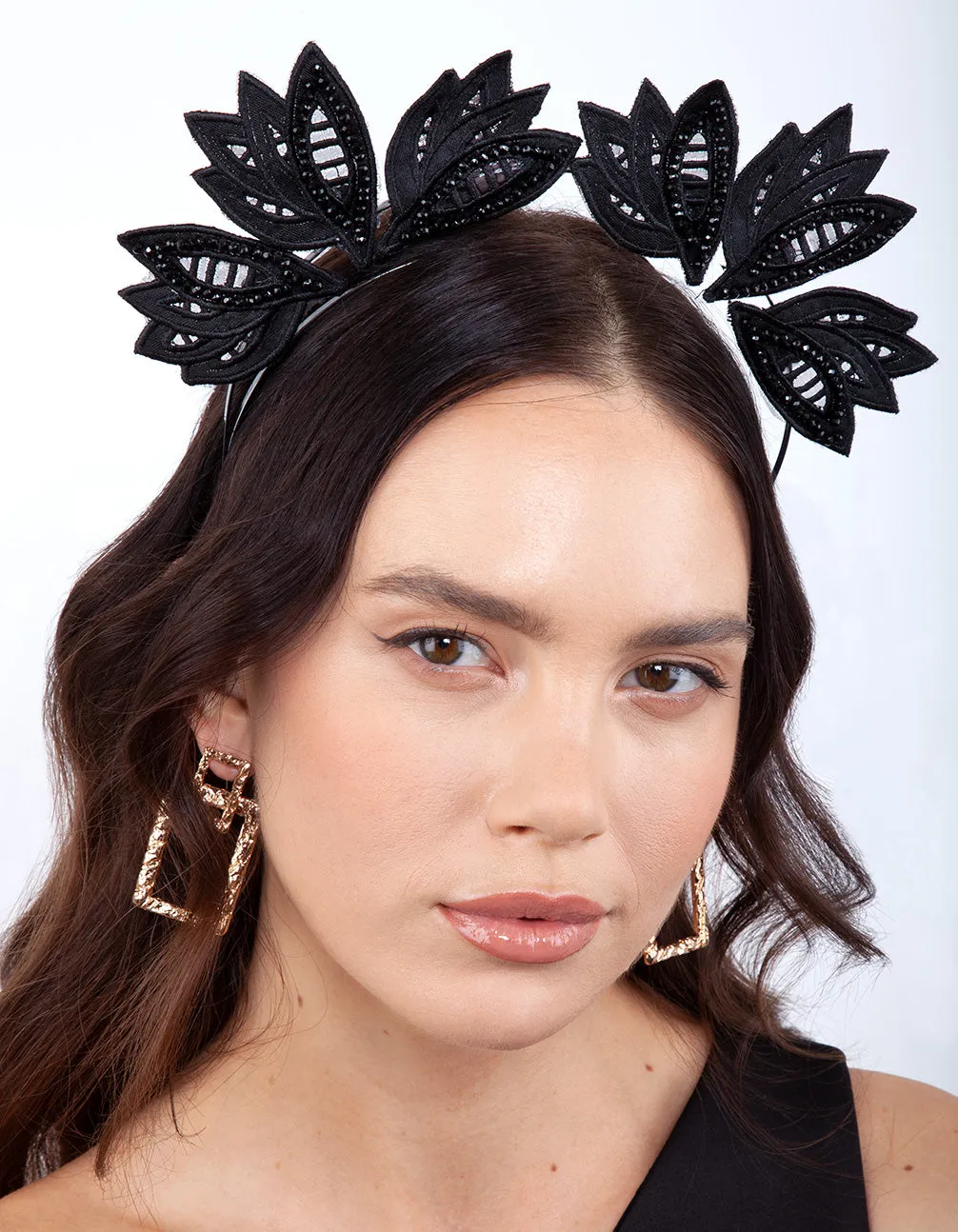 Black Embroidered Leaf Headband
