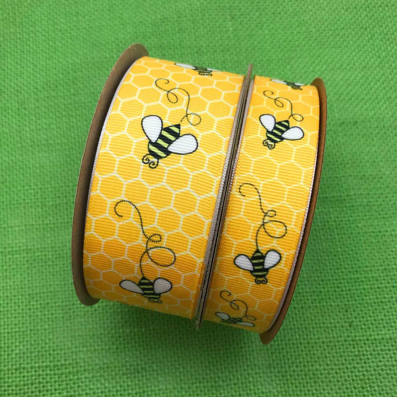 Buzzing Bees Ribbon with a yellow comb background on 7/8" " white grosgrain