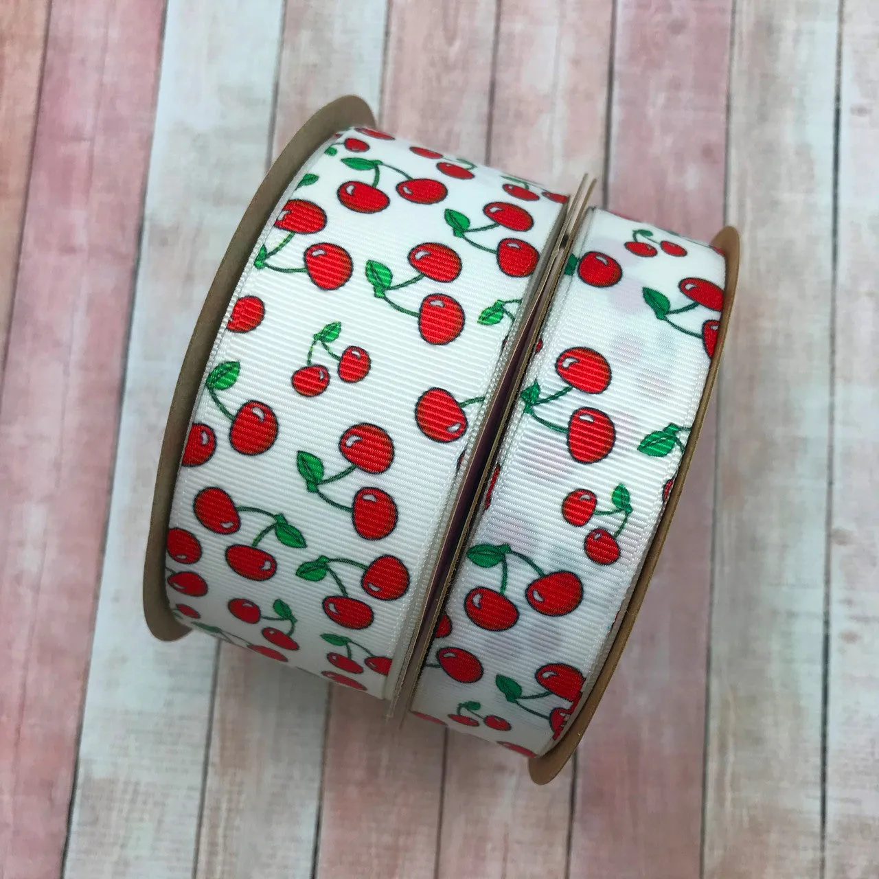 Cherries Ribbon on 7/8" White grosgrain, 10 Yard