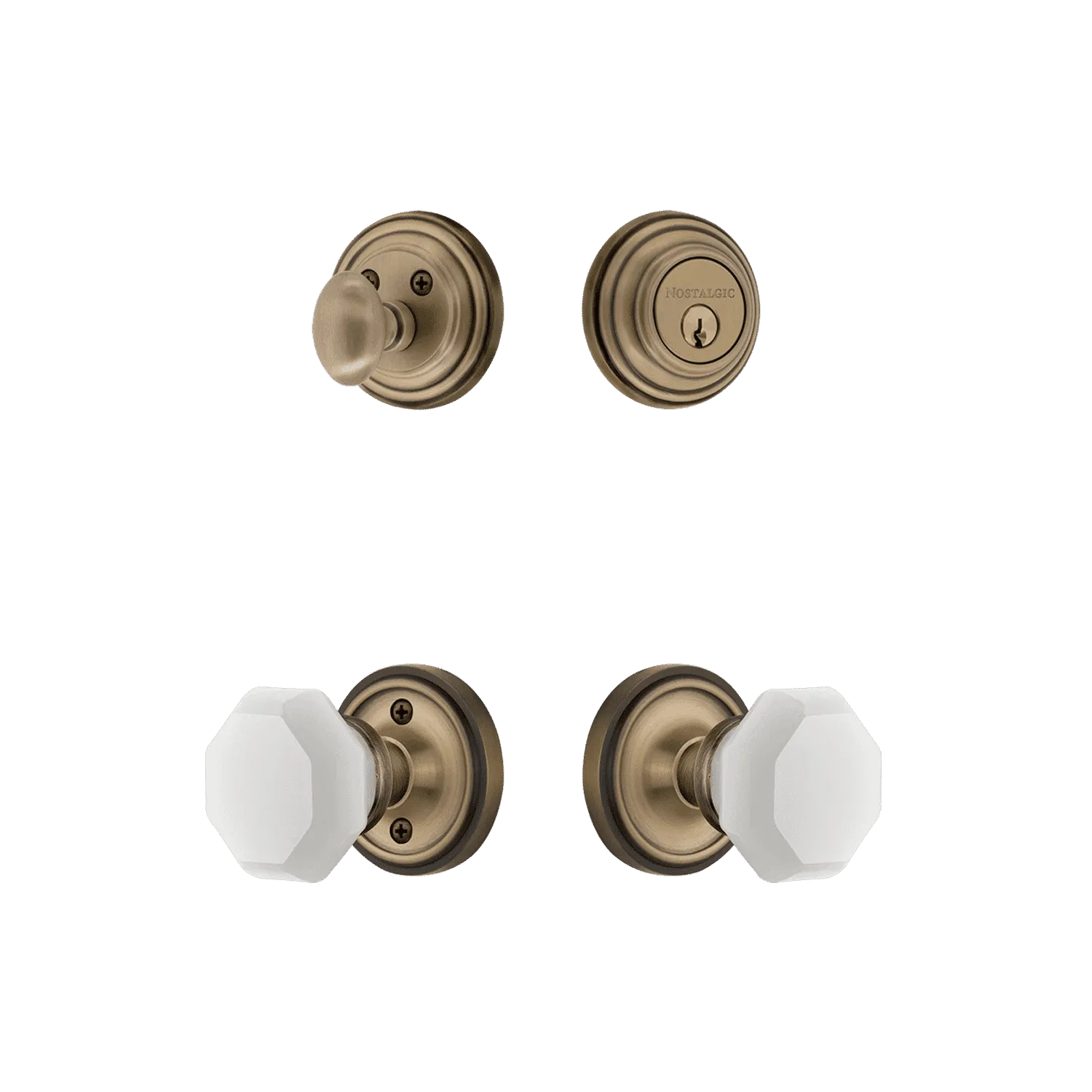 Classic Rosette Entry Set with White Waldorf Crystal Knob in Antique Brass