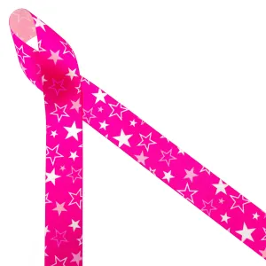 Hot pink ribbon with white stars Barbie inspired printed on 7/8" white single face satin,