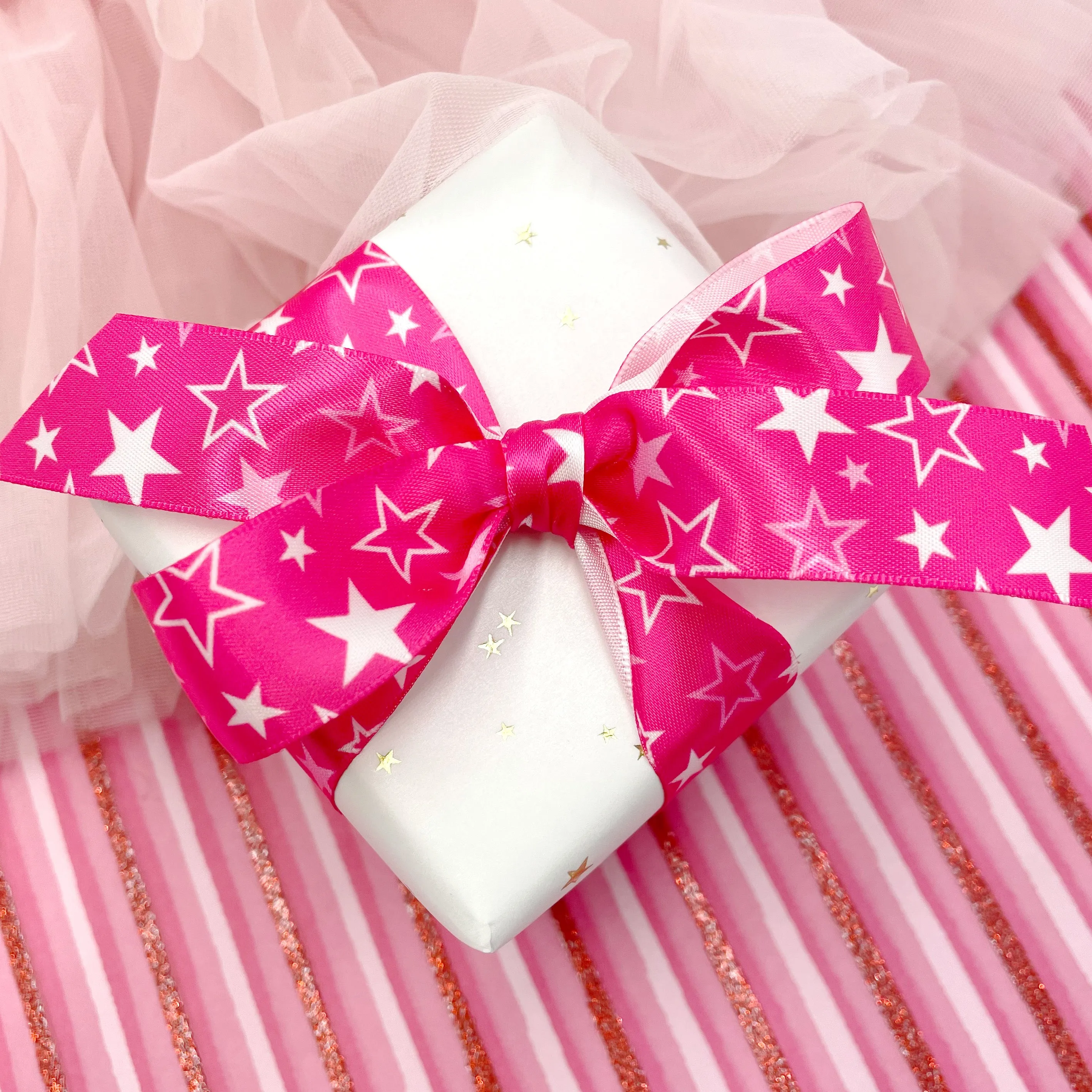 Hot pink ribbon with white stars Barbie inspired printed on 7/8" white single face satin,
