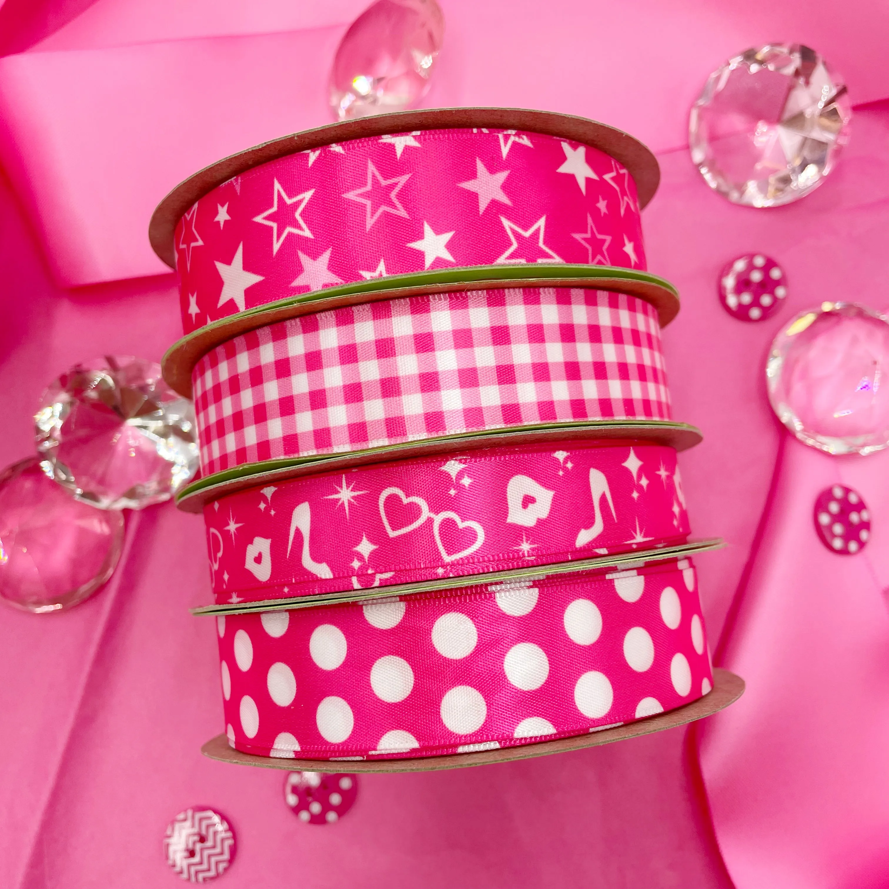 Hot pink ribbon with white stars Barbie inspired printed on 7/8" white single face satin,