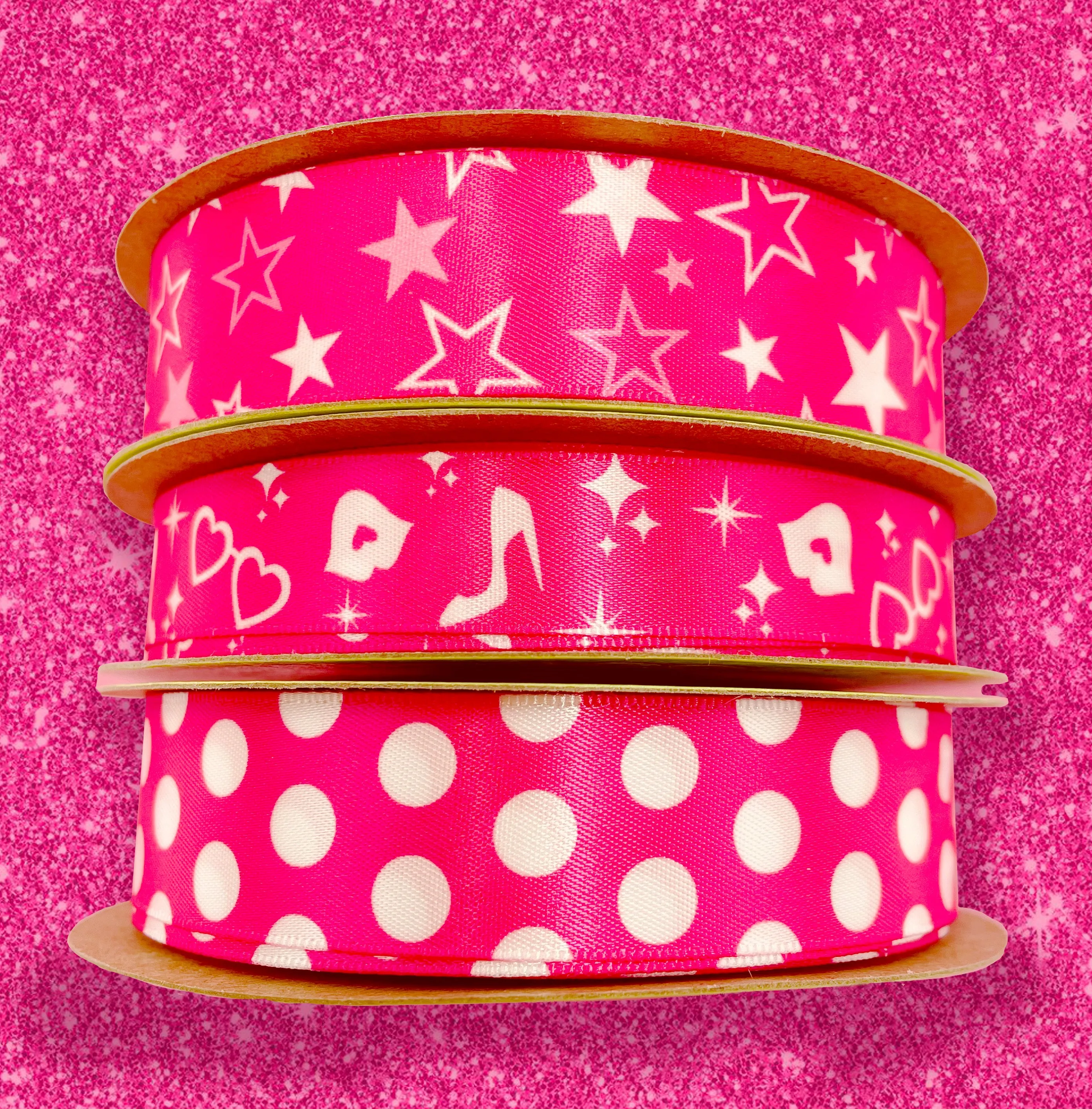 Hot pink ribbon with white stars Barbie inspired printed on 7/8" white single face satin,