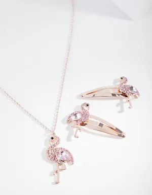 Kids Flamingo Necklace Hair Clip Set