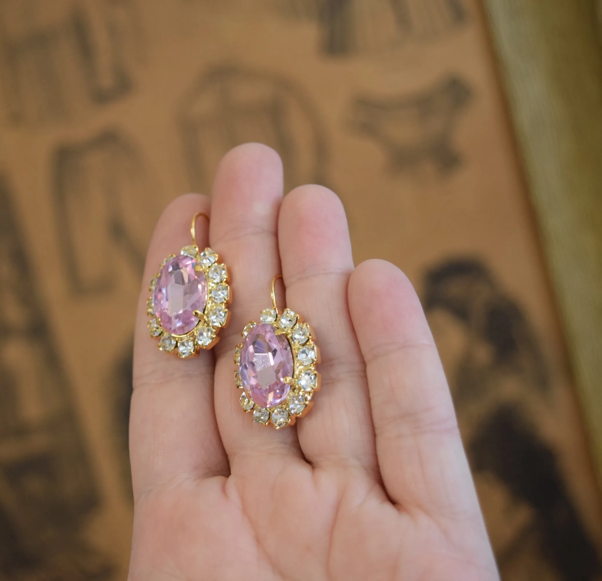 Light Pink Aurora Crystal Halo Earrings - Large Oval