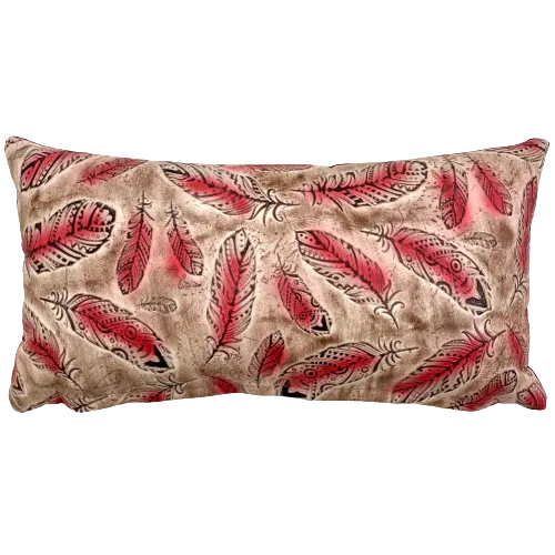 Lumbar Pillow - Red Feather Print Leather - 24" x 12" (LPIL093)