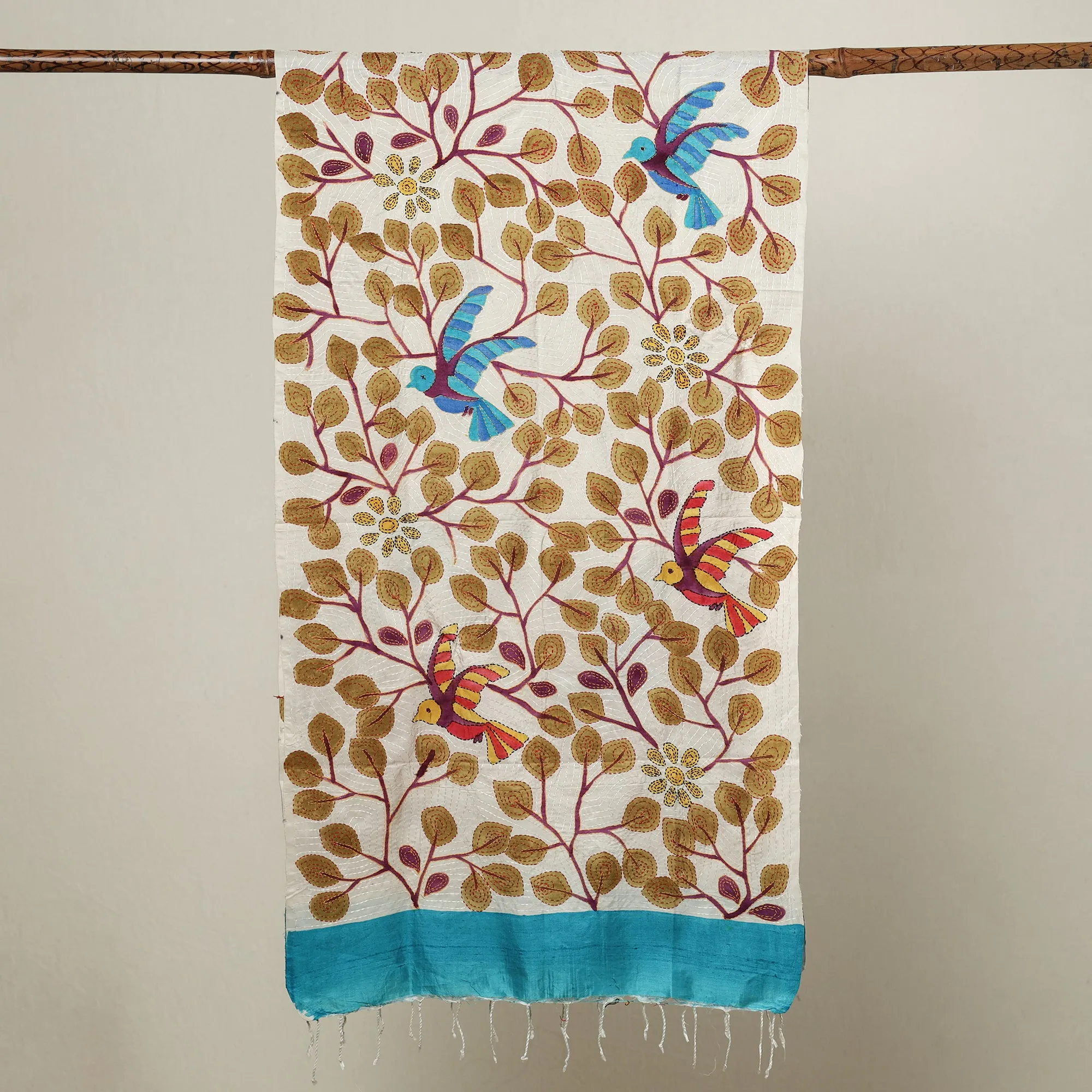 Multicolor - Bengal Kantha Hand Embroidery Handpainted Tussar Silk Handloom Stole 18