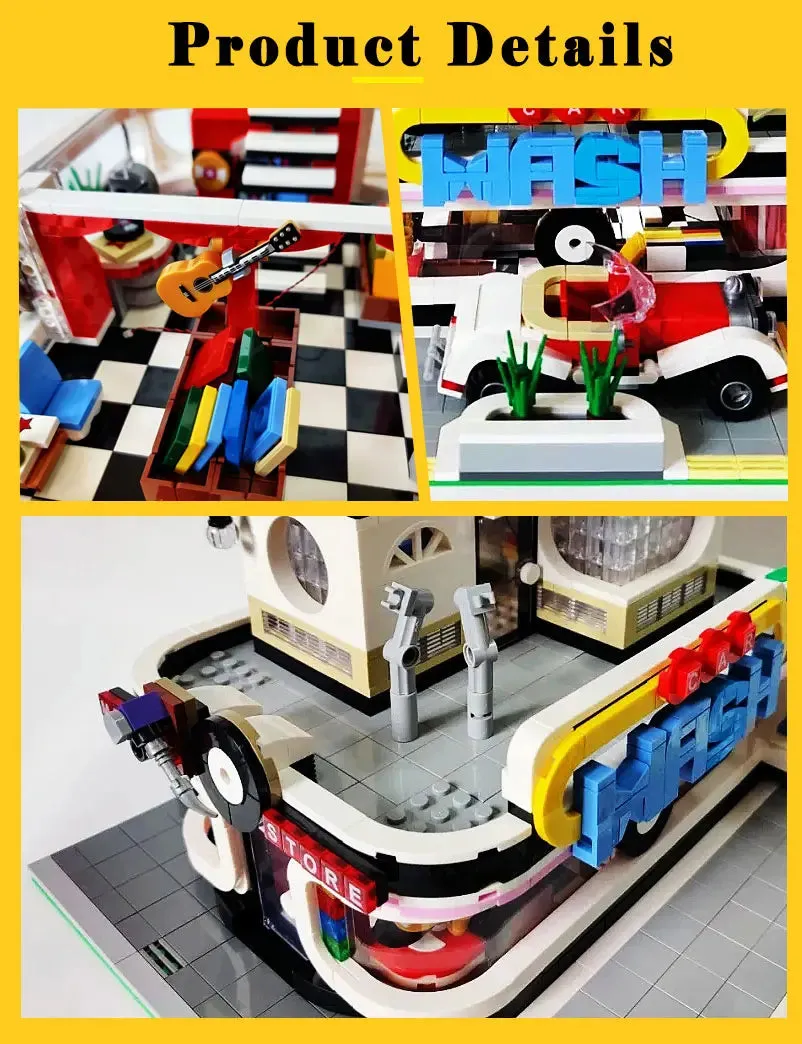 Music Store & Car Wash Street View Creator Modular City Building Blocks Set | General Jim's Toys