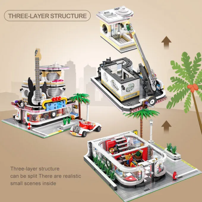 Music Store & Car Wash Street View Creator Modular City Building Blocks Set | General Jim's Toys