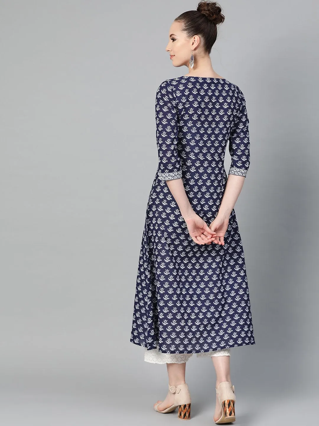 Navy Blue & White Floral Printed A-Line Cotton Kurta