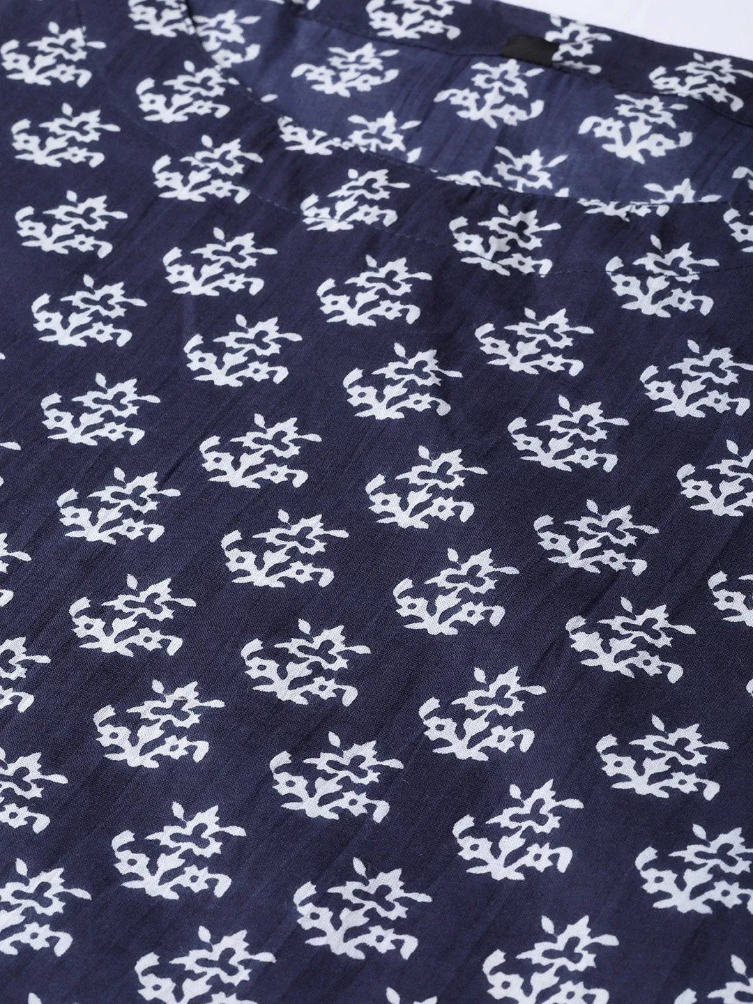 Navy Blue & White Floral Printed A-Line Cotton Kurta
