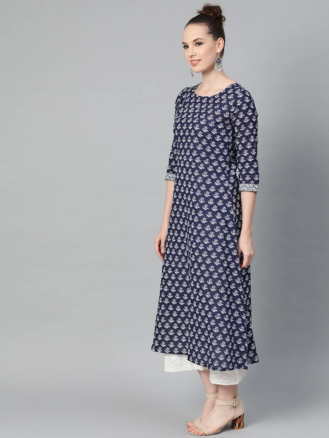 Navy Blue & White Floral Printed A-Line Cotton Kurta