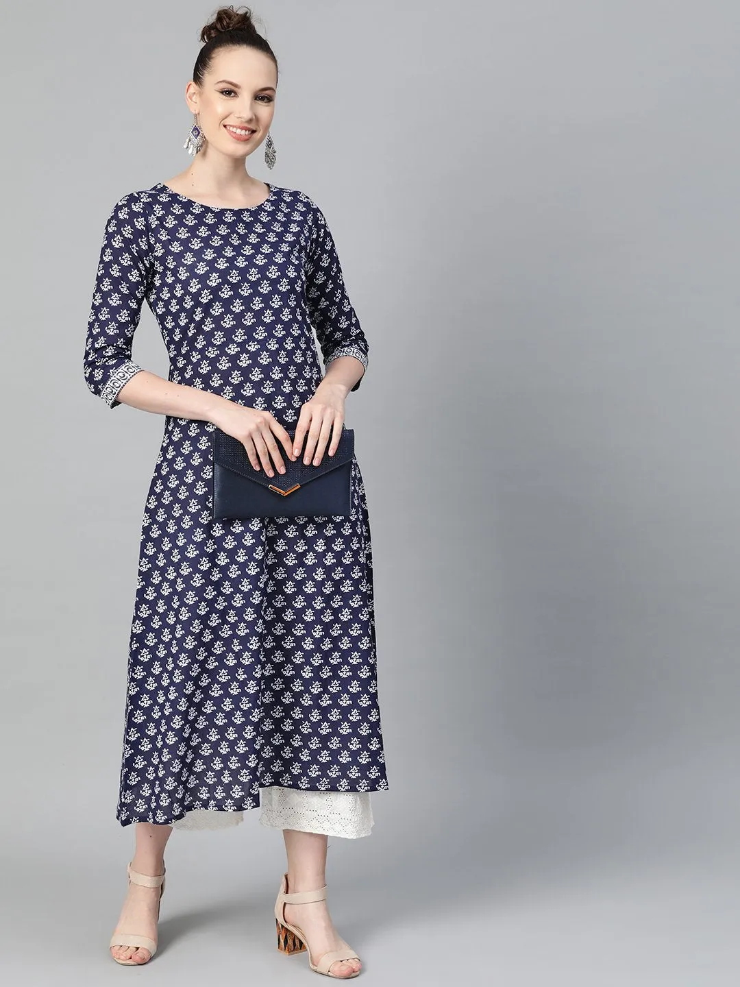 Navy Blue & White Floral Printed A-Line Cotton Kurta
