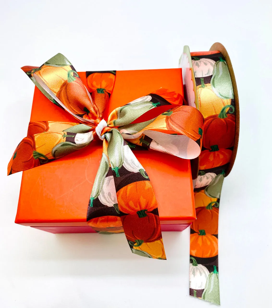 Pumpkin ribbon for Autumn  printed on 7/8" white satin