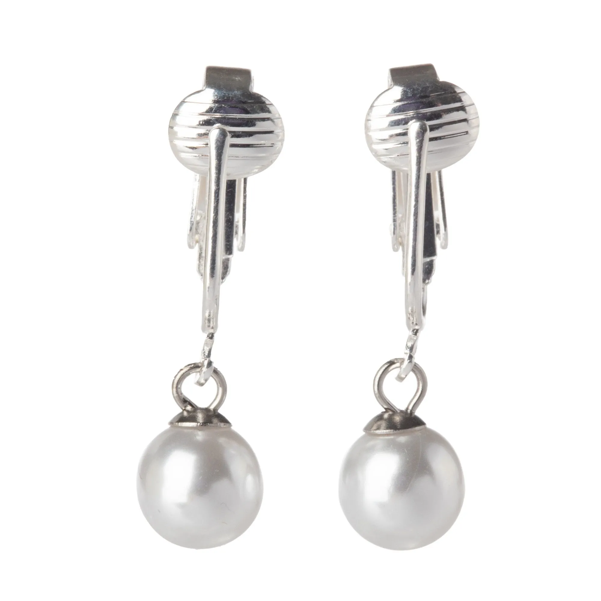Silver Round Simulated Freshwater Pearl Clip On Dangling Earrings
