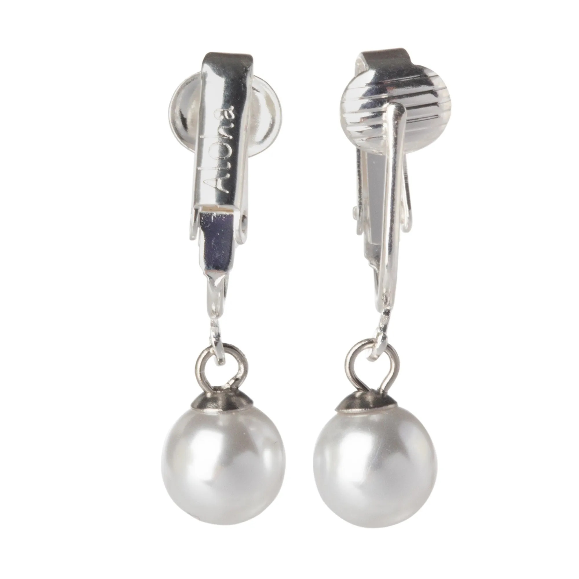 Silver Round Simulated Freshwater Pearl Clip On Dangling Earrings