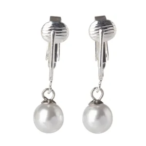Silver Round Simulated Freshwater Pearl Clip On Dangling Earrings