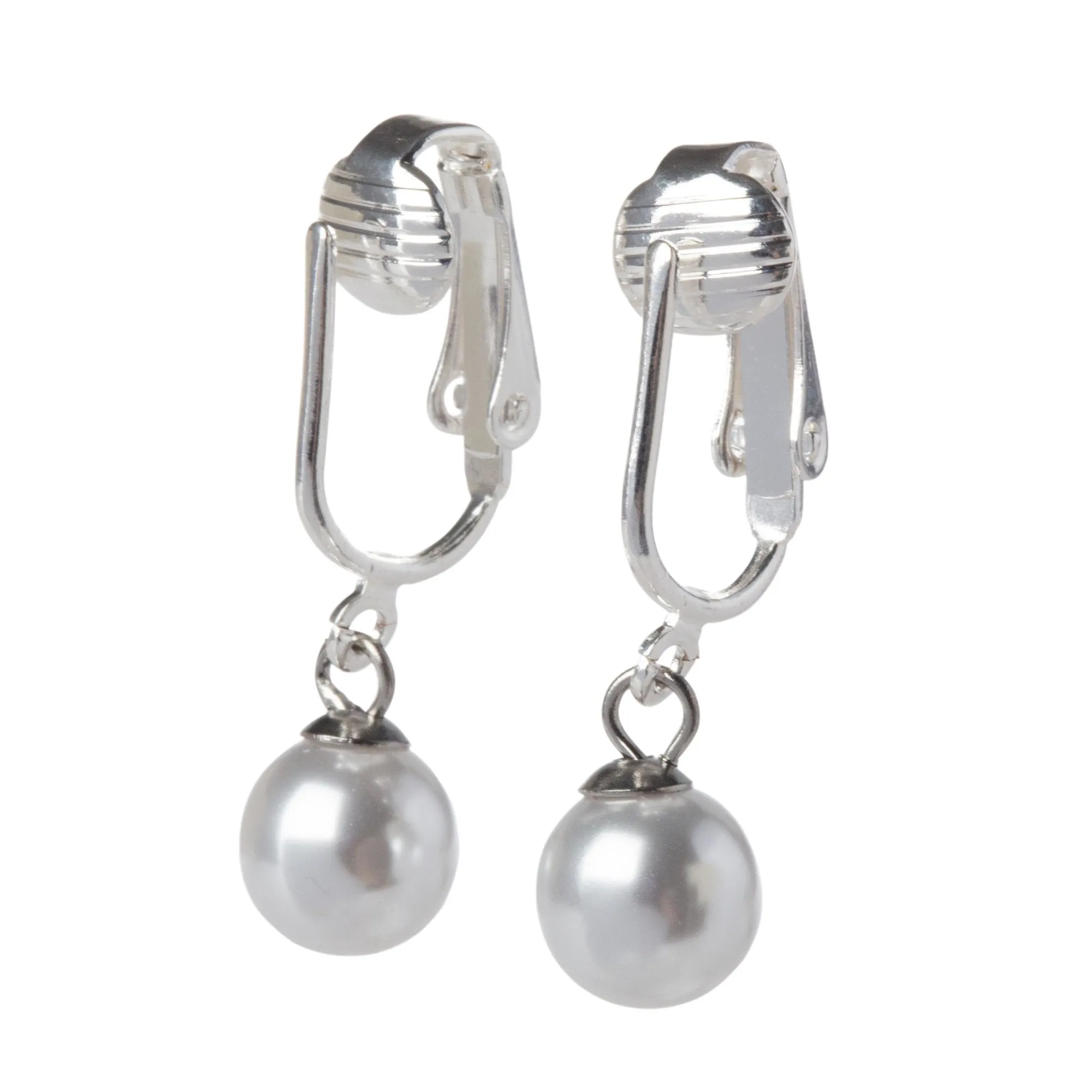 Silver Round Simulated Freshwater Pearl Clip On Dangling Earrings