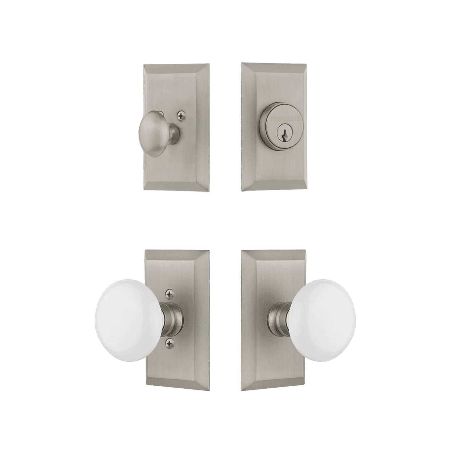 Studio Entry Set with White Porcelain Knob in Satin Nickel
