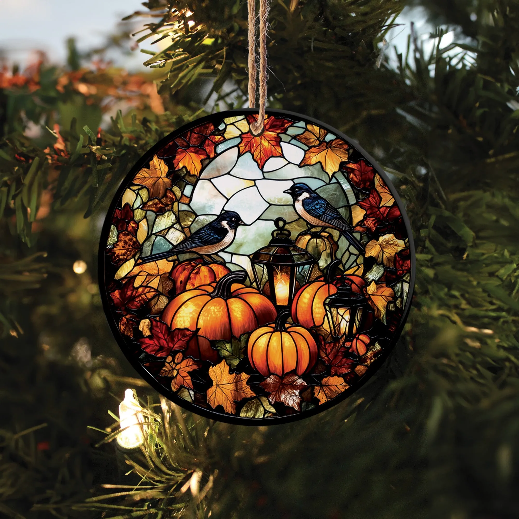 Teesdily | Birds And Pumpkin Flowers Halloween Ceramic Ornament, Halloween Pumpkin Stained Glass Acrylic Ornament, Halloween Spooky Season Gifts
