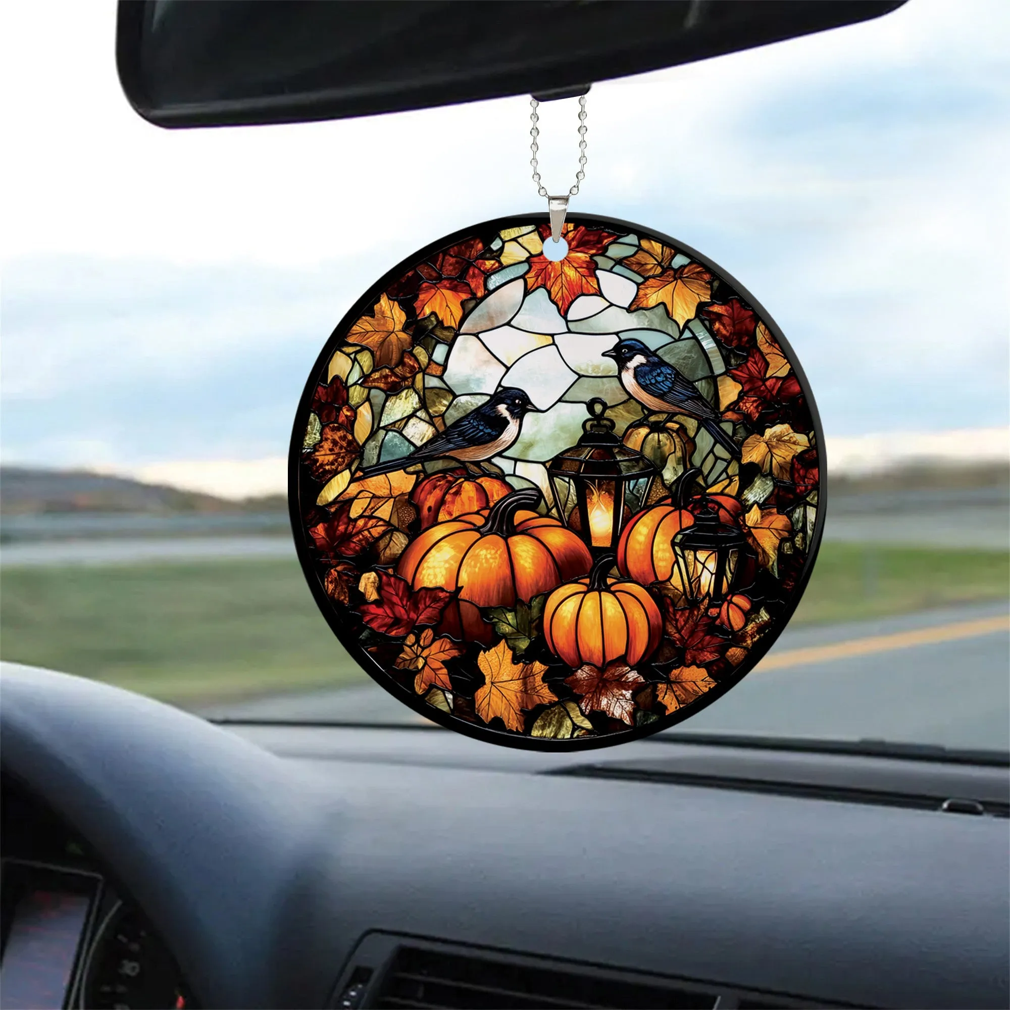 Teesdily | Birds And Pumpkin Flowers Halloween Ceramic Ornament, Halloween Pumpkin Stained Glass Acrylic Ornament, Halloween Spooky Season Gifts