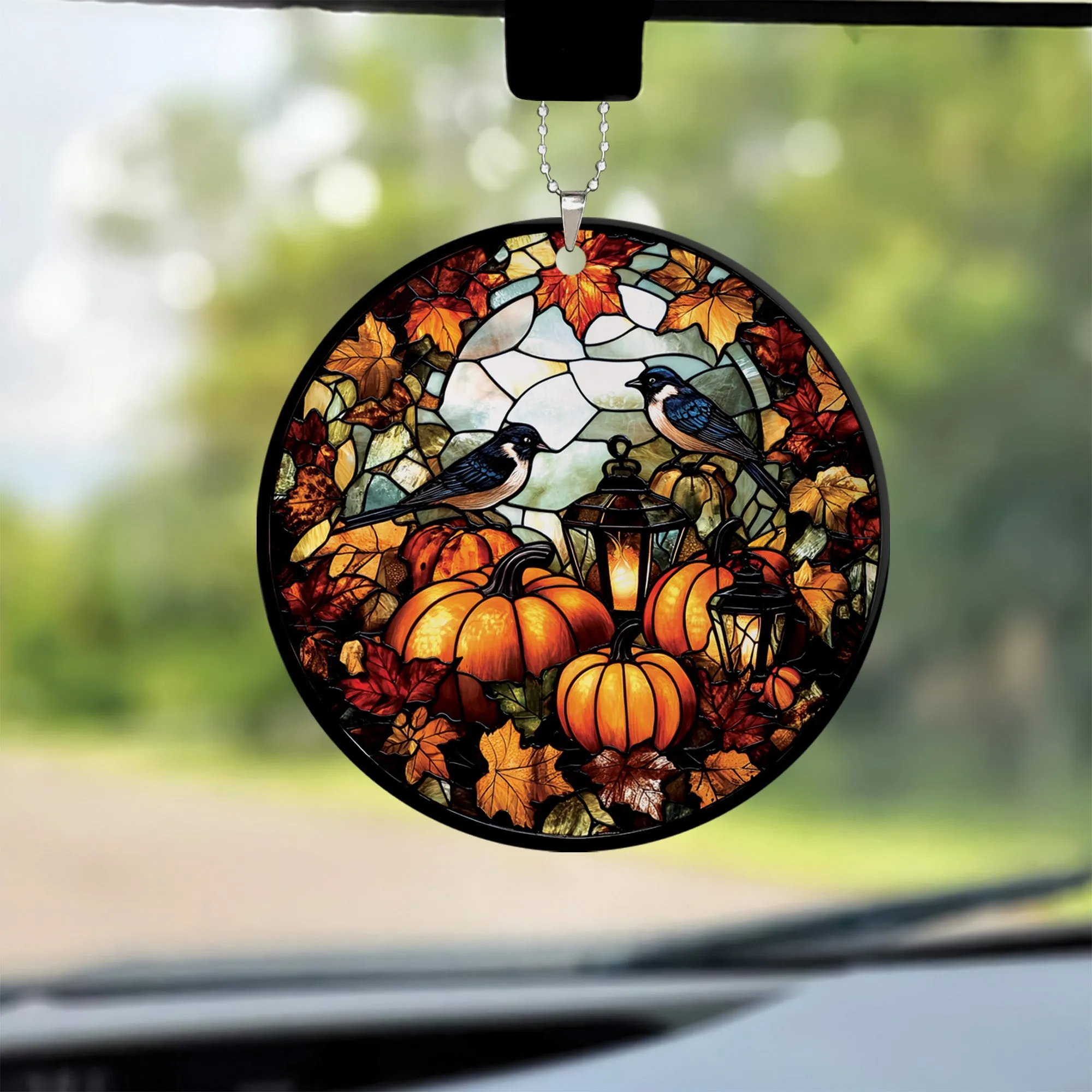Teesdily | Birds And Pumpkin Flowers Halloween Ceramic Ornament, Halloween Pumpkin Stained Glass Acrylic Ornament, Halloween Spooky Season Gifts