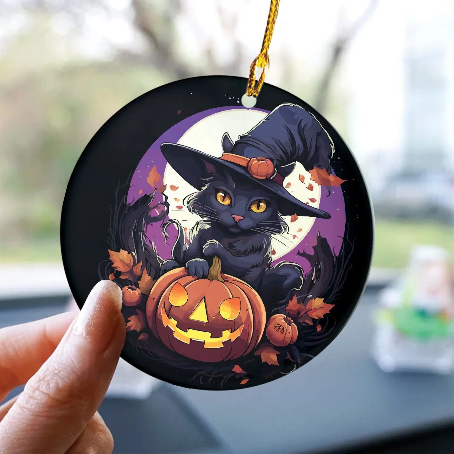 Teesdily | Black Cat Halloween Ceramic Ornament, Happy Halloween Spooky Kitten Circle Acrylic Ornament, Halloween Home Decor Gifts, Cat Lovers Gifts