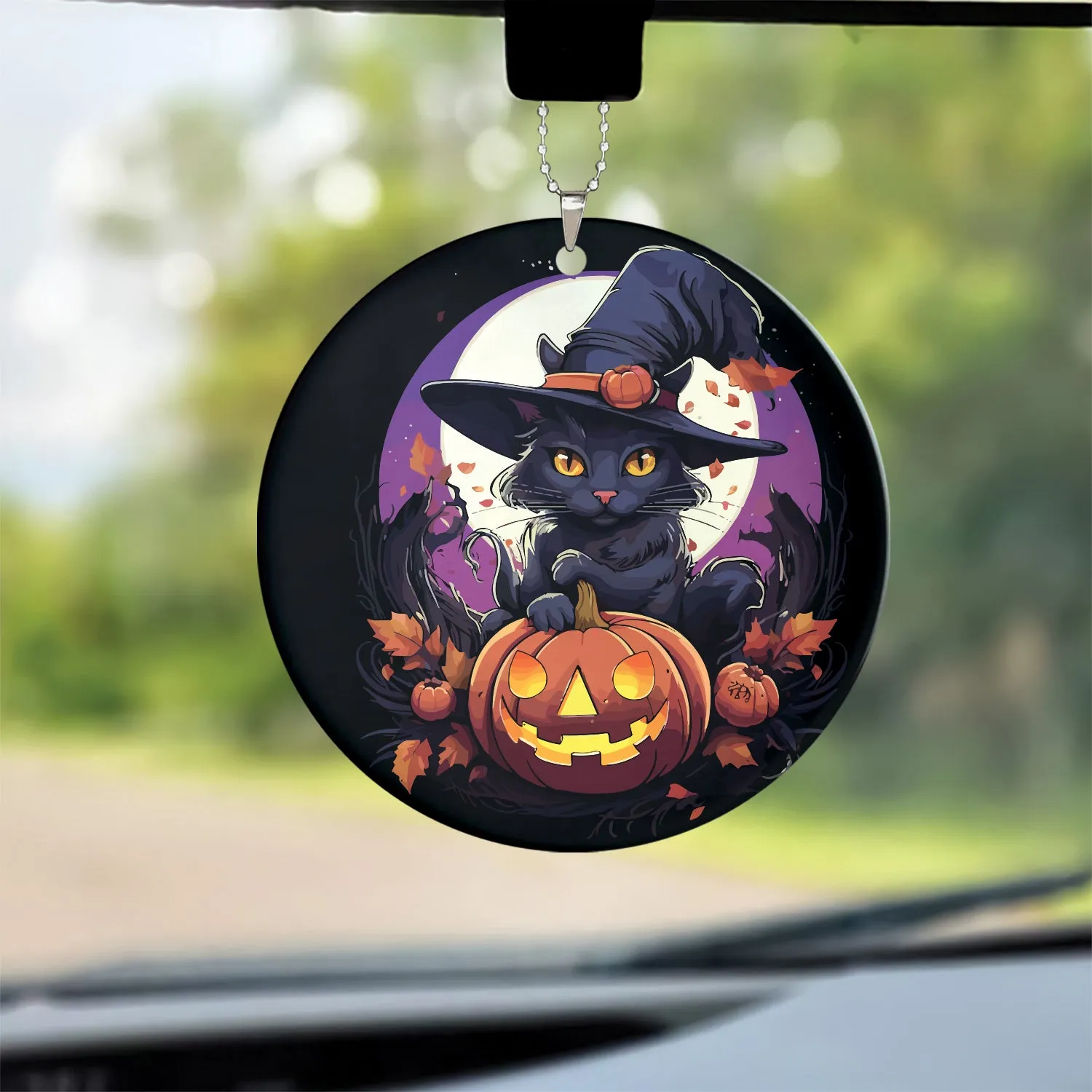 Teesdily | Black Cat Halloween Ceramic Ornament, Happy Halloween Spooky Kitten Circle Acrylic Ornament, Halloween Home Decor Gifts, Cat Lovers Gifts