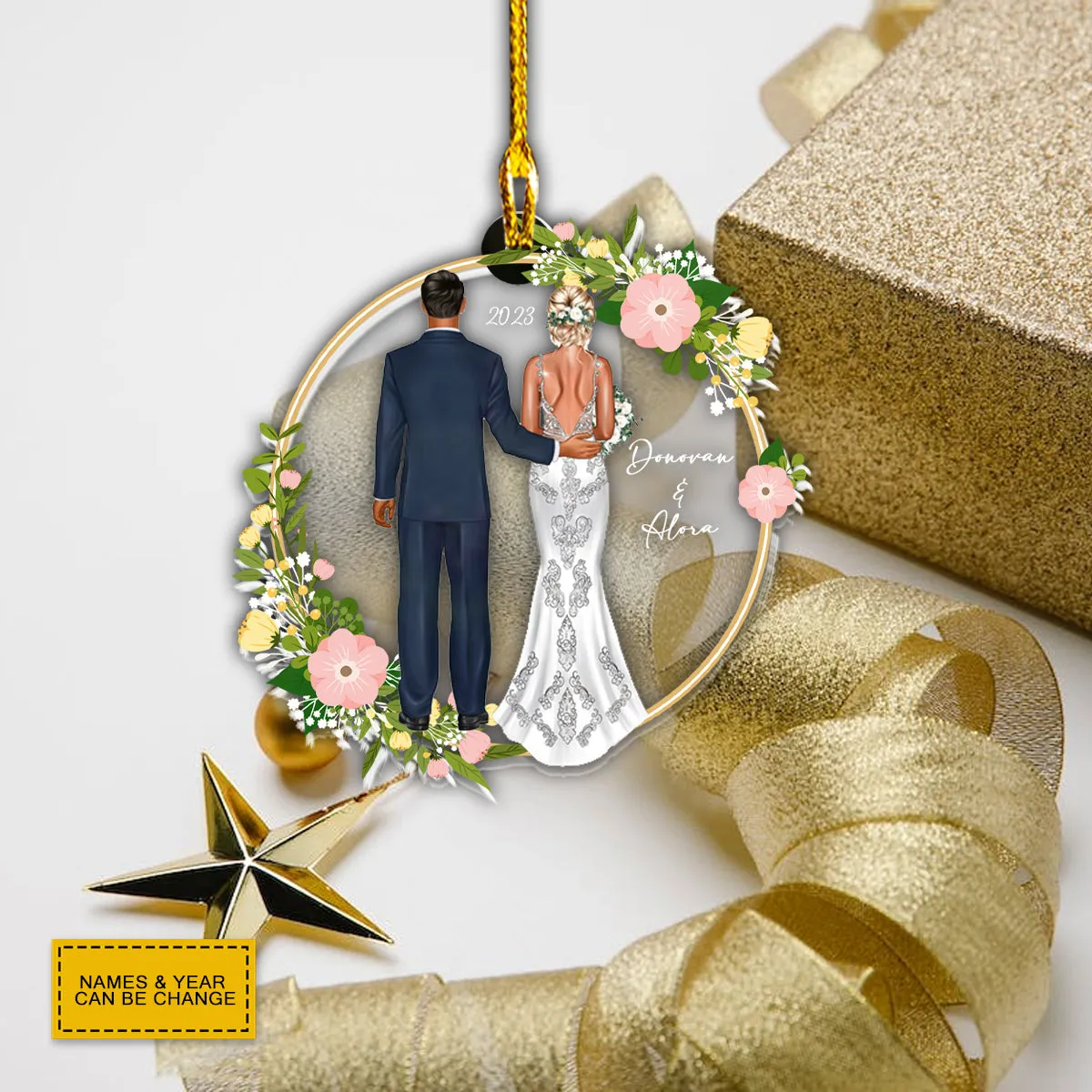 Teesdily | Customized Bride And Groom Rear View Mirror Hanging Christmas Wreath Car Ornament Our First Christmas Together Newlywed Christmas Gifts
