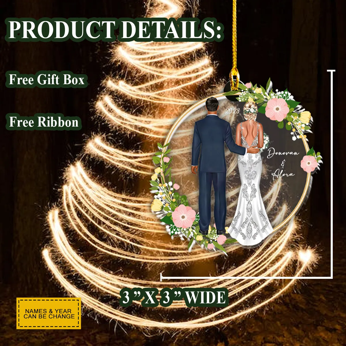 Teesdily | Customized Bride And Groom Rear View Mirror Hanging Christmas Wreath Car Ornament Our First Christmas Together Newlywed Christmas Gifts