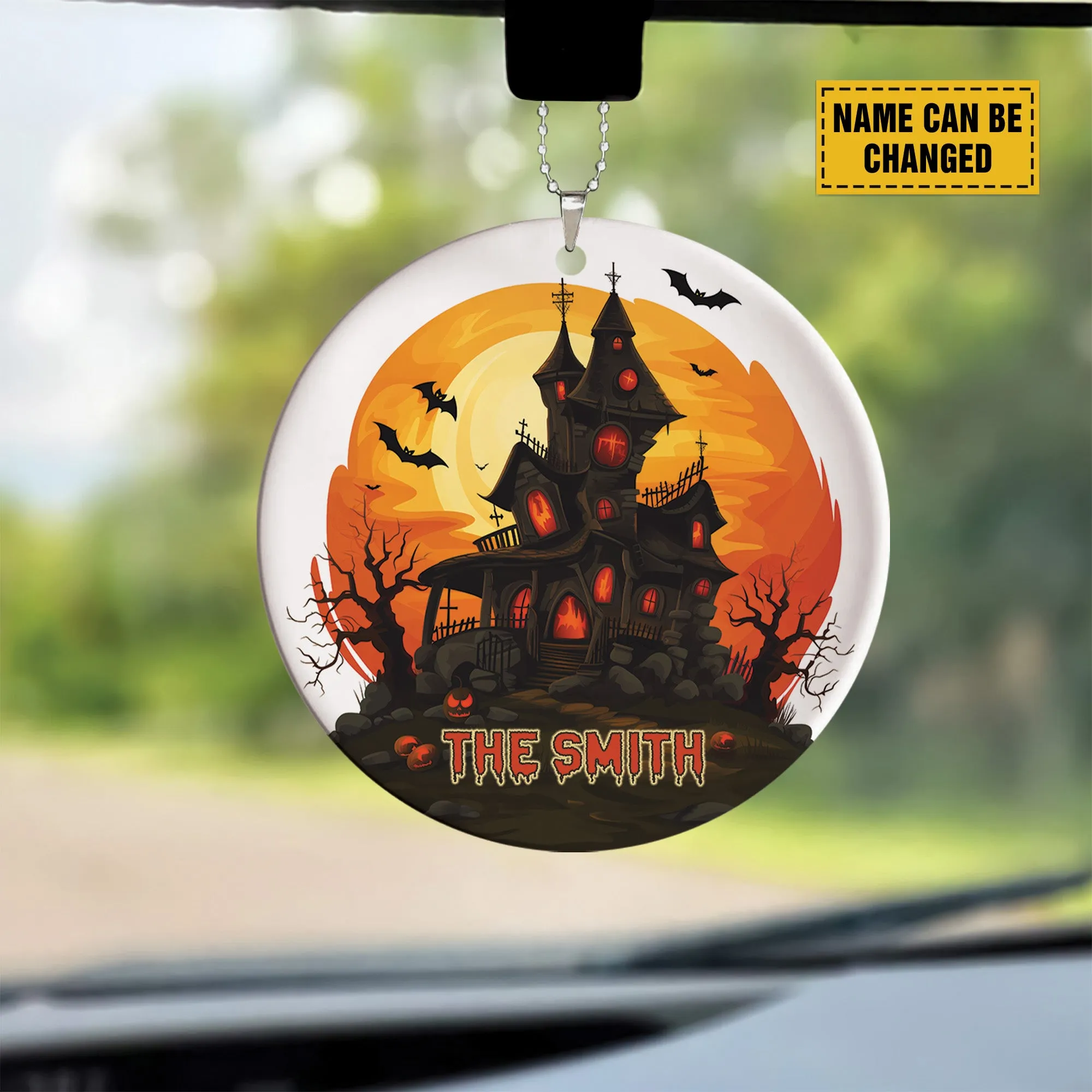 Teesdily | Customized Halloween Haunted House Ornament Car Hanger Rear View Mirror, Pumpkin Bat Spooky Halloween Decor, Holiday Halloween Gifts