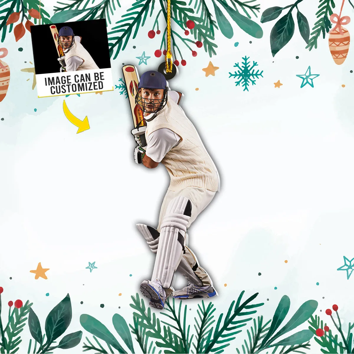 Teesdily | Customized Photo Cricketer Christmas Ornament Cricket Player Personalized Custom Shaped Acrylic Photo Ornament Sport Lover Gifts