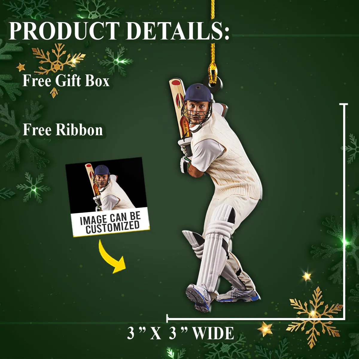 Teesdily | Customized Photo Cricketer Christmas Ornament Cricket Player Personalized Custom Shaped Acrylic Photo Ornament Sport Lover Gifts