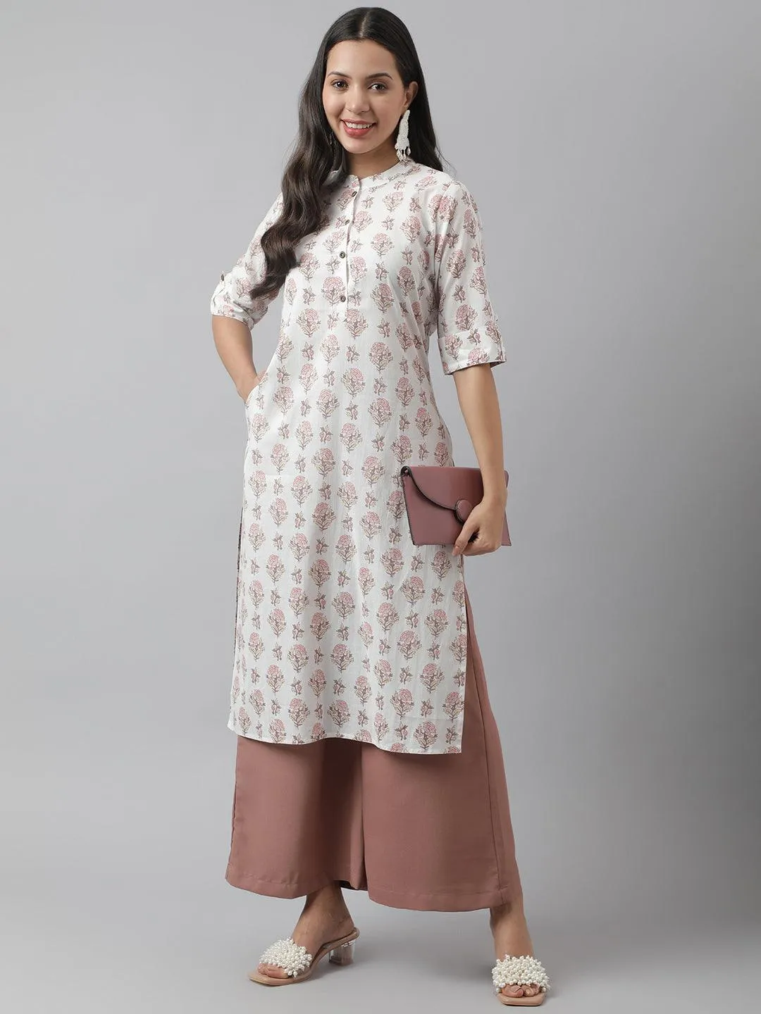 White & Pink Floral Printed Straight Kurta