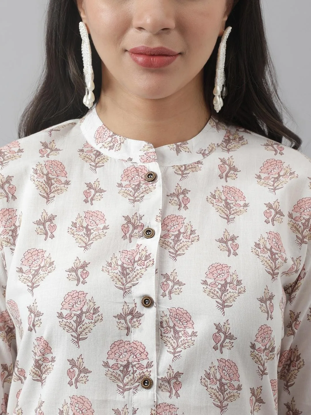 White & Pink Floral Printed Straight Kurta